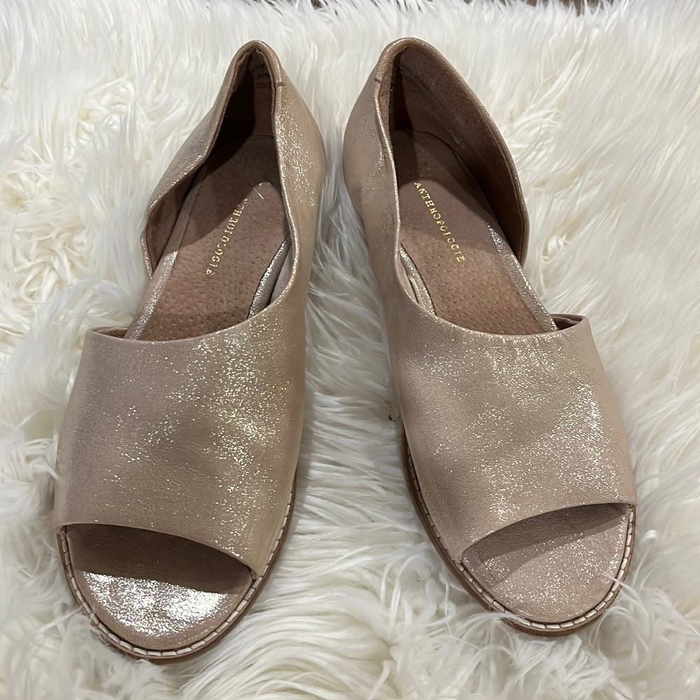 Anthropologie Shimmery Nude Open-Toe Flats, Size 7 (EUC)